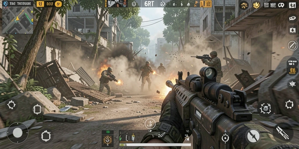 Screenshot utama menunjukkan aksi mendebarkan gameplay FPS di 6RT.
