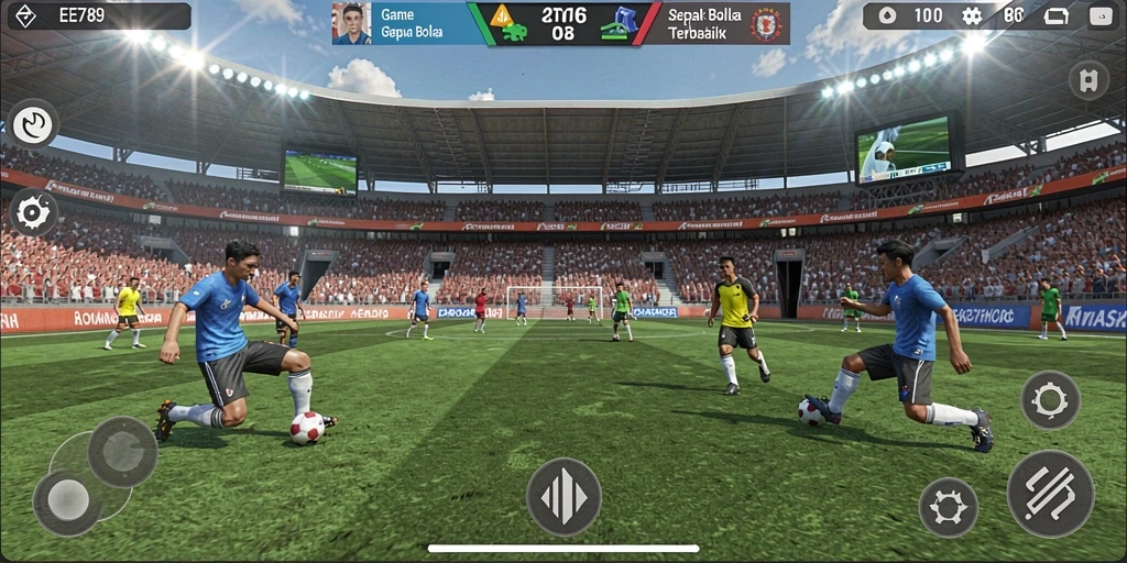 Tampilan gameplay menarik di EE789 menampilkan aksi sepak bola seru.