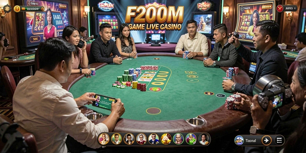 Screenshot gameplay F200M menampilkan dealer sedang bermain Live Casino.