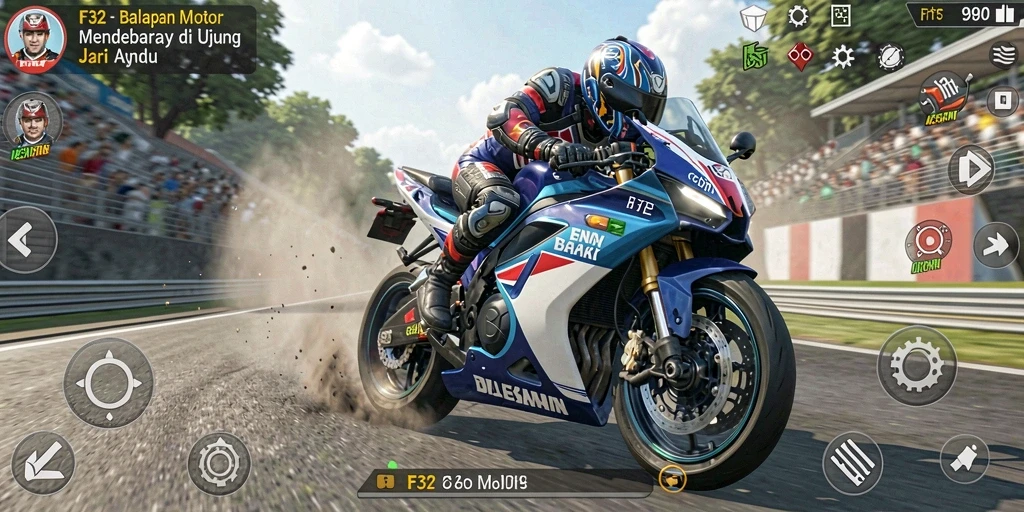 Tangkapan layar gameplay F32 yang menampilkan balapan motor yang seru.