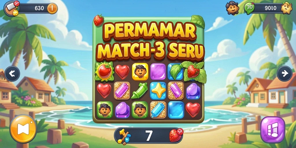 Gameplay <strong>F7F7</strong> menampilkan warna-warni buah dalam aksi pencocokan.