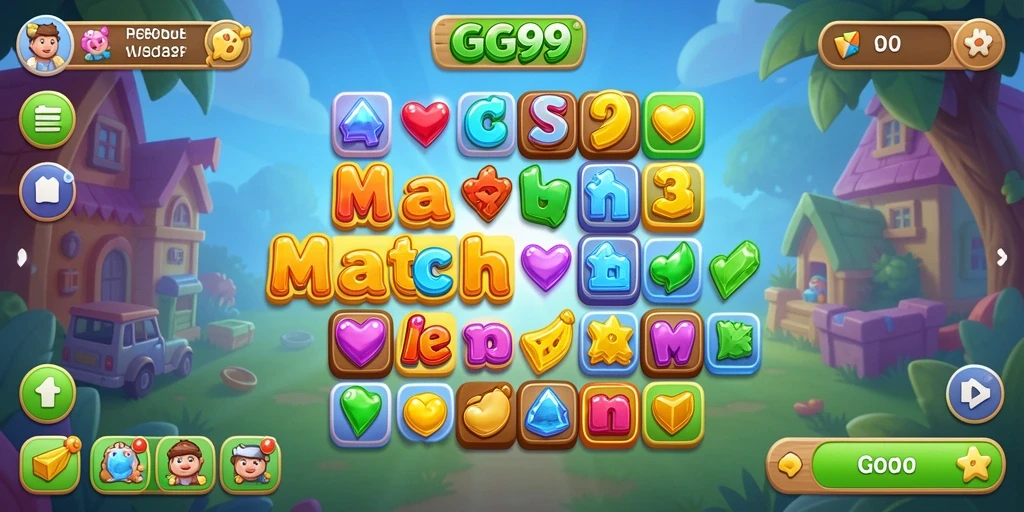 Screenshot gameplay GG99 menunjukkan aksi mencocokkan permata yang penuh warna.