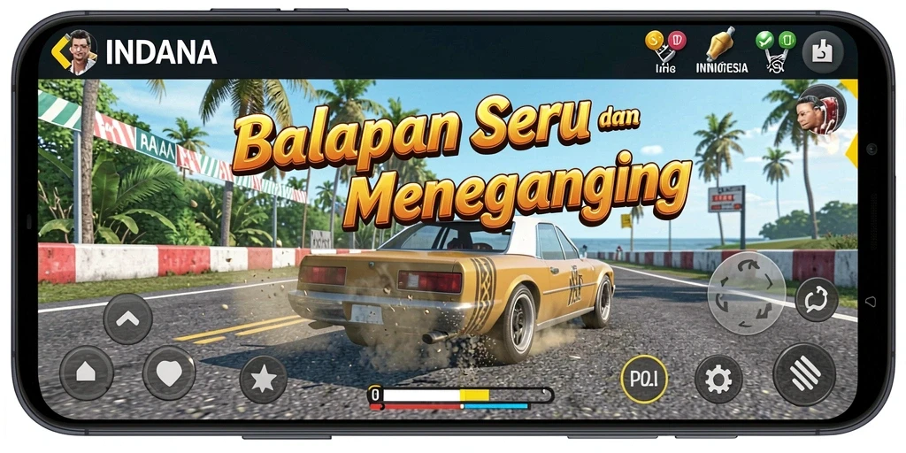 Tampilan gameplay INDAAA dengan mobil balap yang melaju kencang.