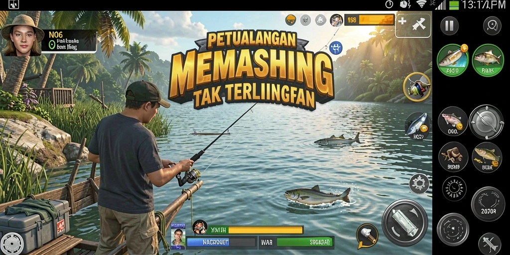 Screenshot dari gameplay N06 menunjukkan aksi memancing yang mengasyikkan.