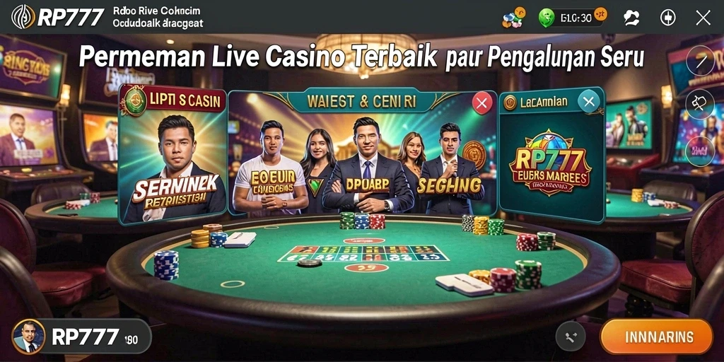 Screenshot gameplay RP777 menunjukkan dealer profesional dan suasana kasino langsung.