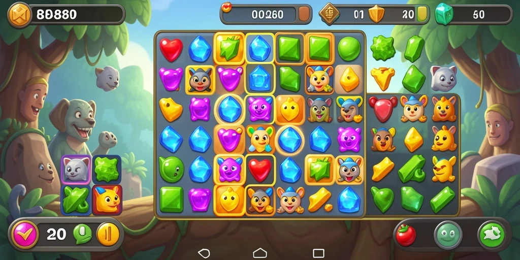 Screenshot gameplay RR89 menampilkan kombinasi permata berwarna-warni dalam aksinya.