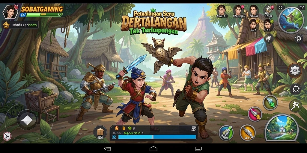 Screenshot utama menunjukkan pemain menjelajahi dunia petualangan yang luas dan menakjubkan.