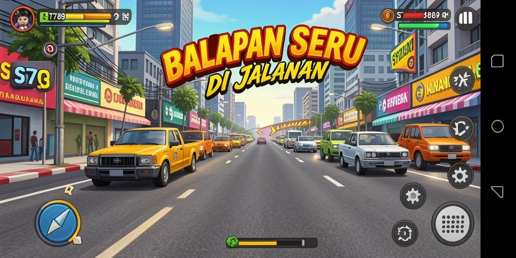 Screenshot ST789 menampilkan aksi balapan seru dengan mobil cepat di lintasan yang menantang.