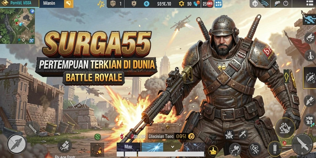 Screenshot utama SURGA55 menunjukkan aksi mendebarkan dalam pertempuran Battle Royale.