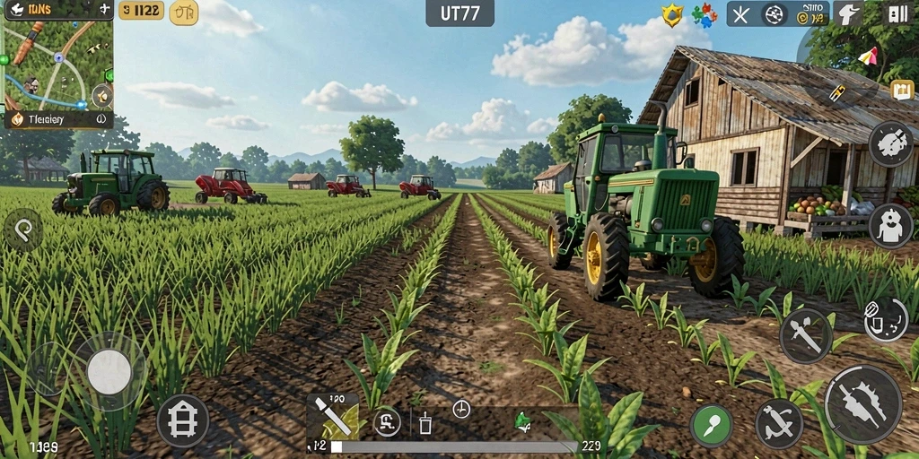 Tampilan gameplay UT77 dengan ladang hijau dan hewan lucu.