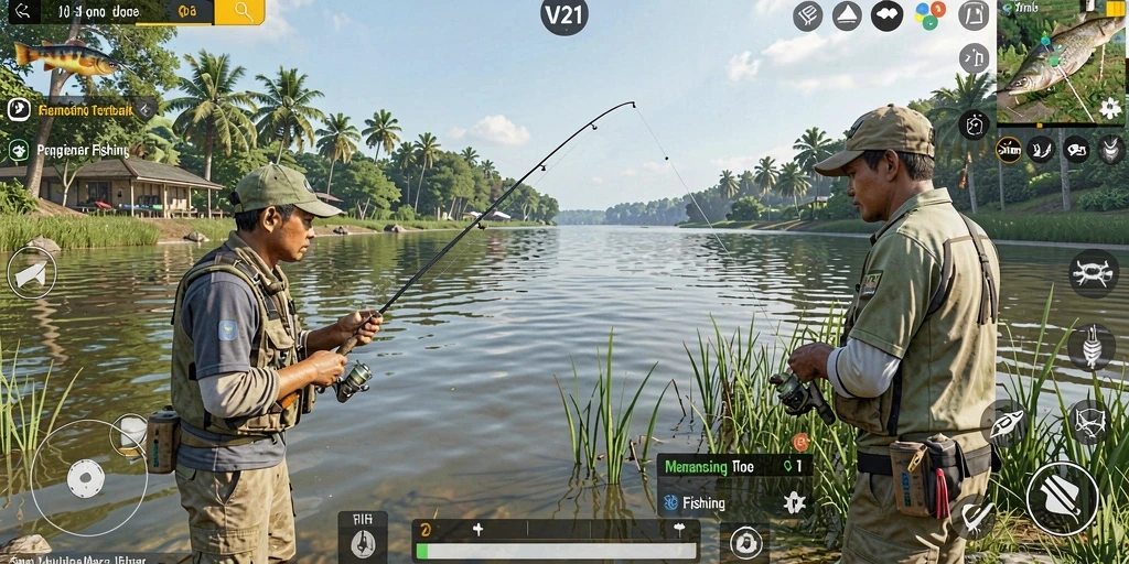 Screenshot gameplay V21 menampilkan aksi memancing yang seru dan grafis yang menakjubkan.