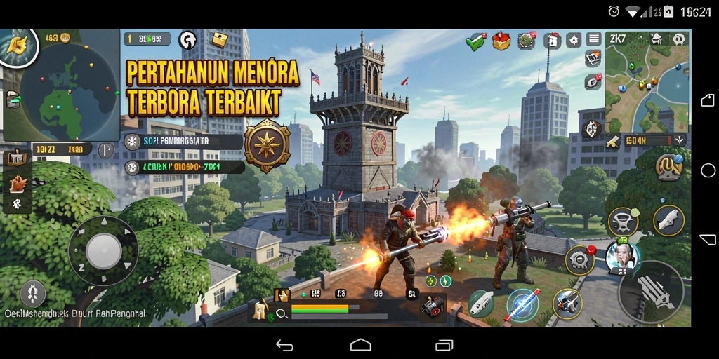 Tangkapan layar dari gameplay paling seru di ZK7, menunjukkan aksi menara pertahanan.